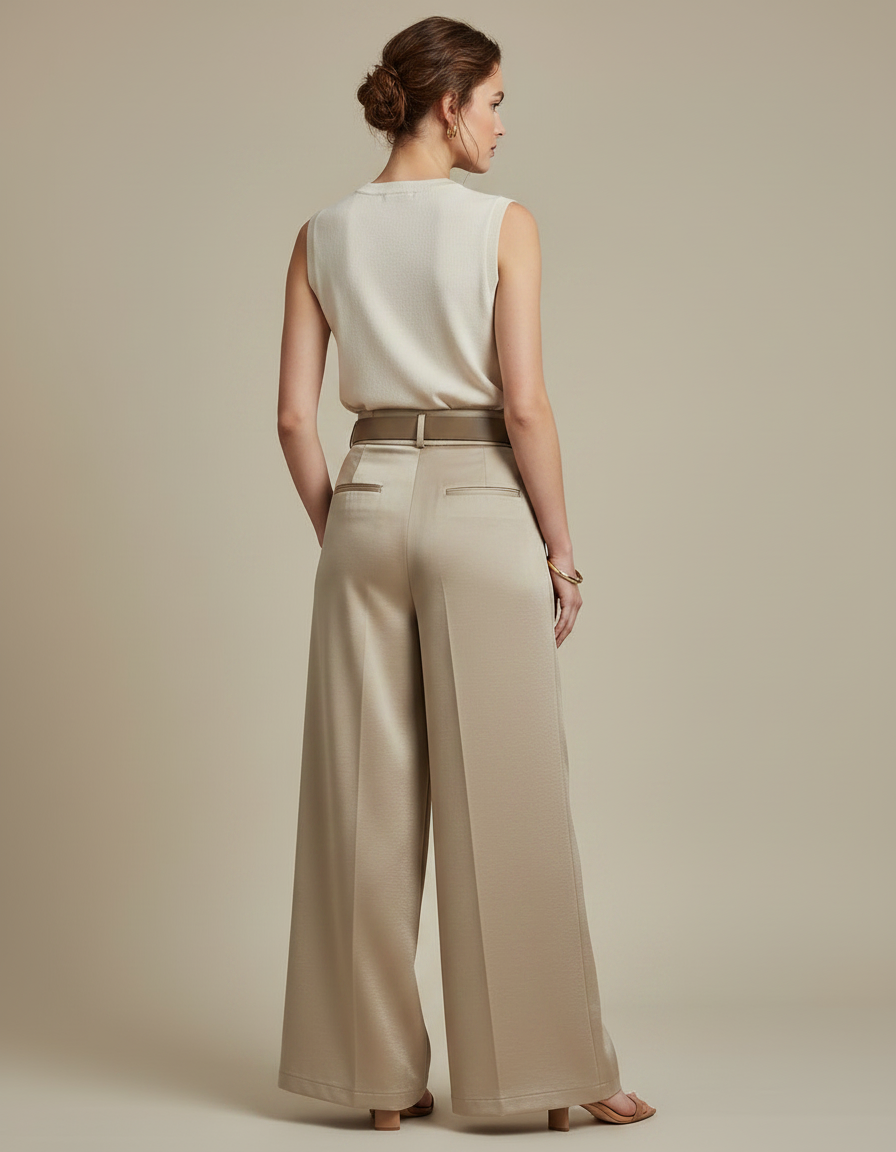 Pantalon À Pince Satiné Beige Plissé Fluide Élégant - vue 2