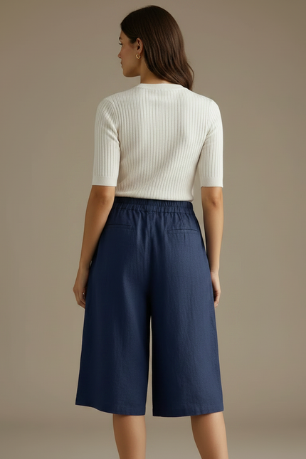 Pantalon À Pince Bleu Marine Ample Lin Décontracté - vue 2