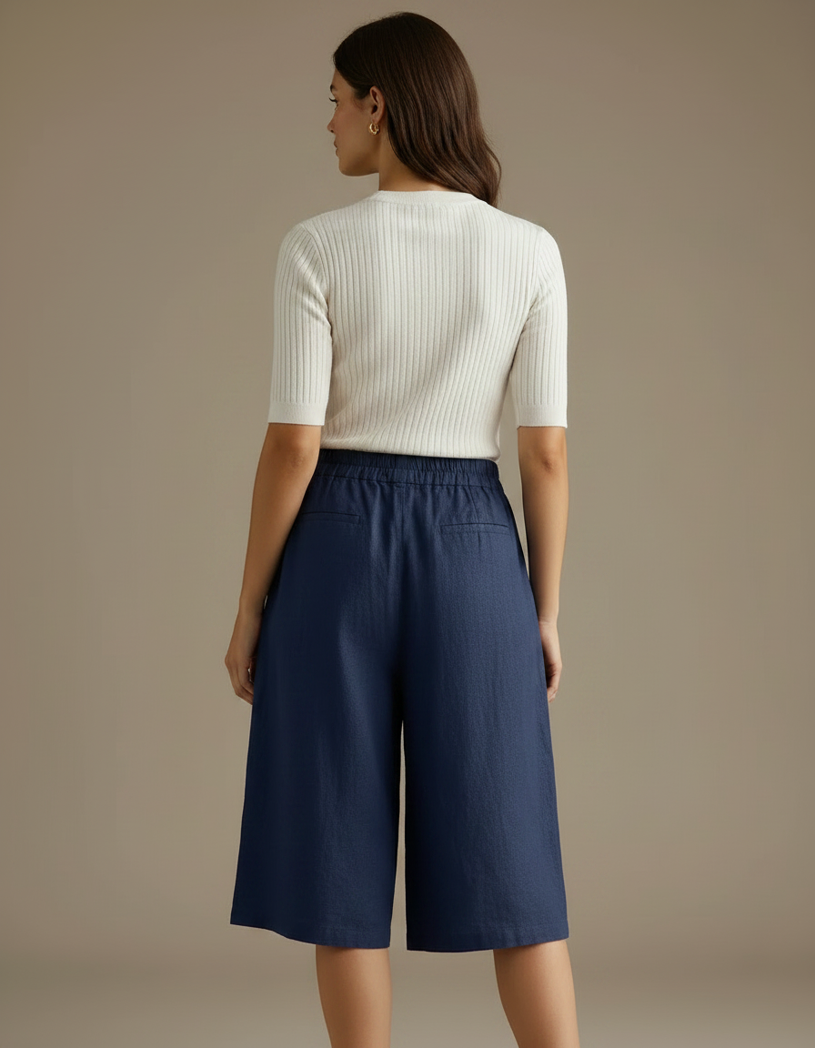 Pantalon À Pince Bleu Marine Ample Lin Décontracté - vue 2