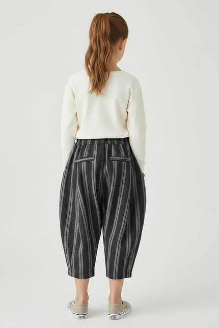 Pantalon À Pince Noir Rayé Coton Lin Ample - vue 2
