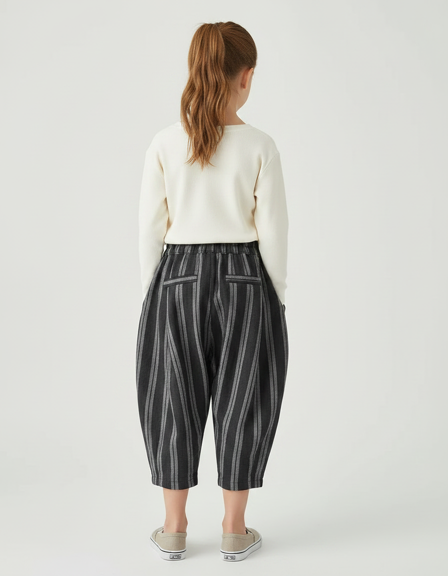 Pantalon À Pince Noir Rayé Coton Lin Ample - vue 2