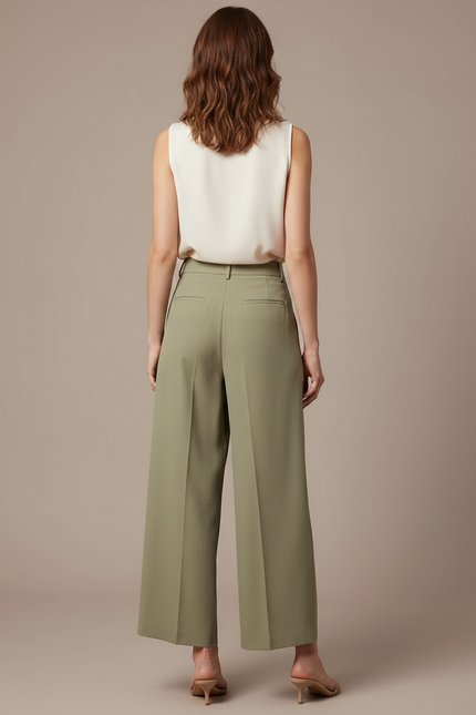 Pantalon À Pince Kaki Plissé Ample Fluide Élégant - Polyester - vue 2
