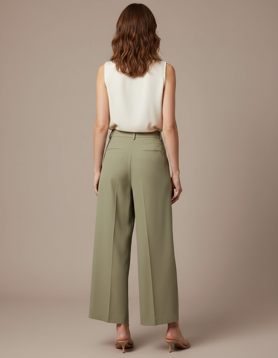 Pantalon À Pince Kaki Plissé Ample Fluide Élégant - Polyester - vue 2