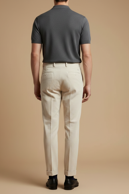 Pantalon À Pince Crème Coton Plissé Décontracté Homme - Beige Cordé - vue 2
