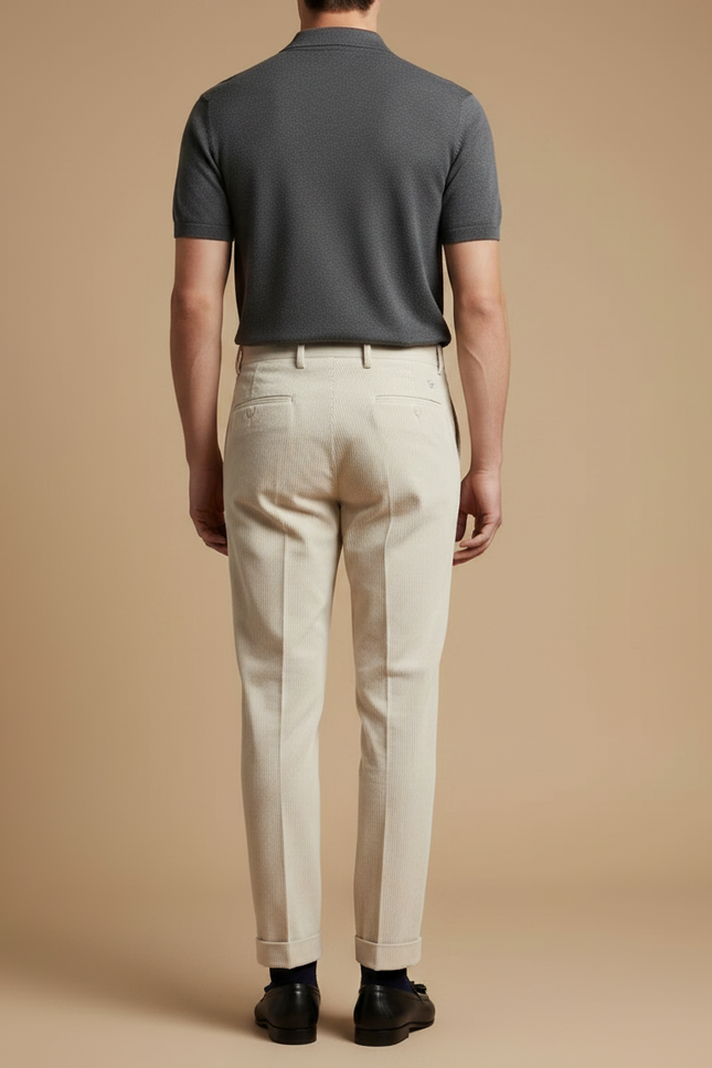 Pantalon À Pince Crème Coton Plissé Décontracté Homme - Beige Cordé - vue 2