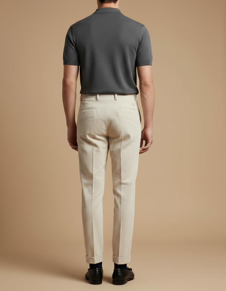 Pantalon À Pince Crème Coton Plissé Décontracté Homme - Beige Cordé - vue 2