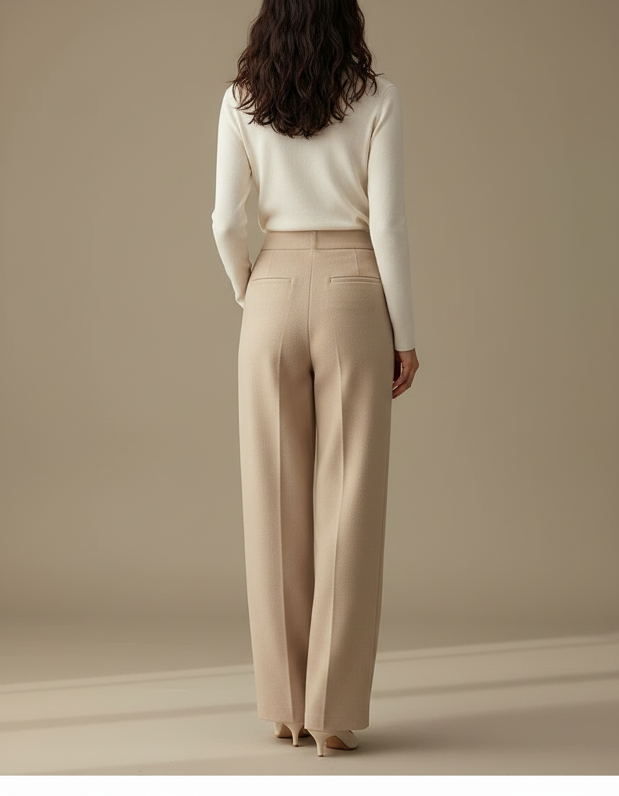 Pantalon À Pince Beige Ample Taille Haute Élégant - Laine - vue 2