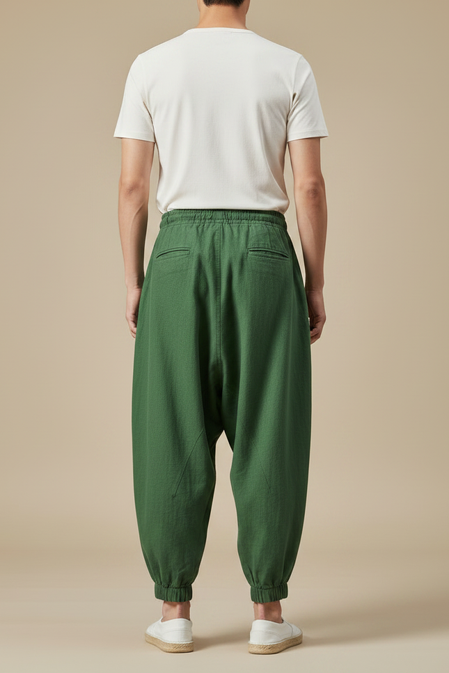 Pantalon À Pince Vert Ample Coton Décontracté Homme - vue 2
