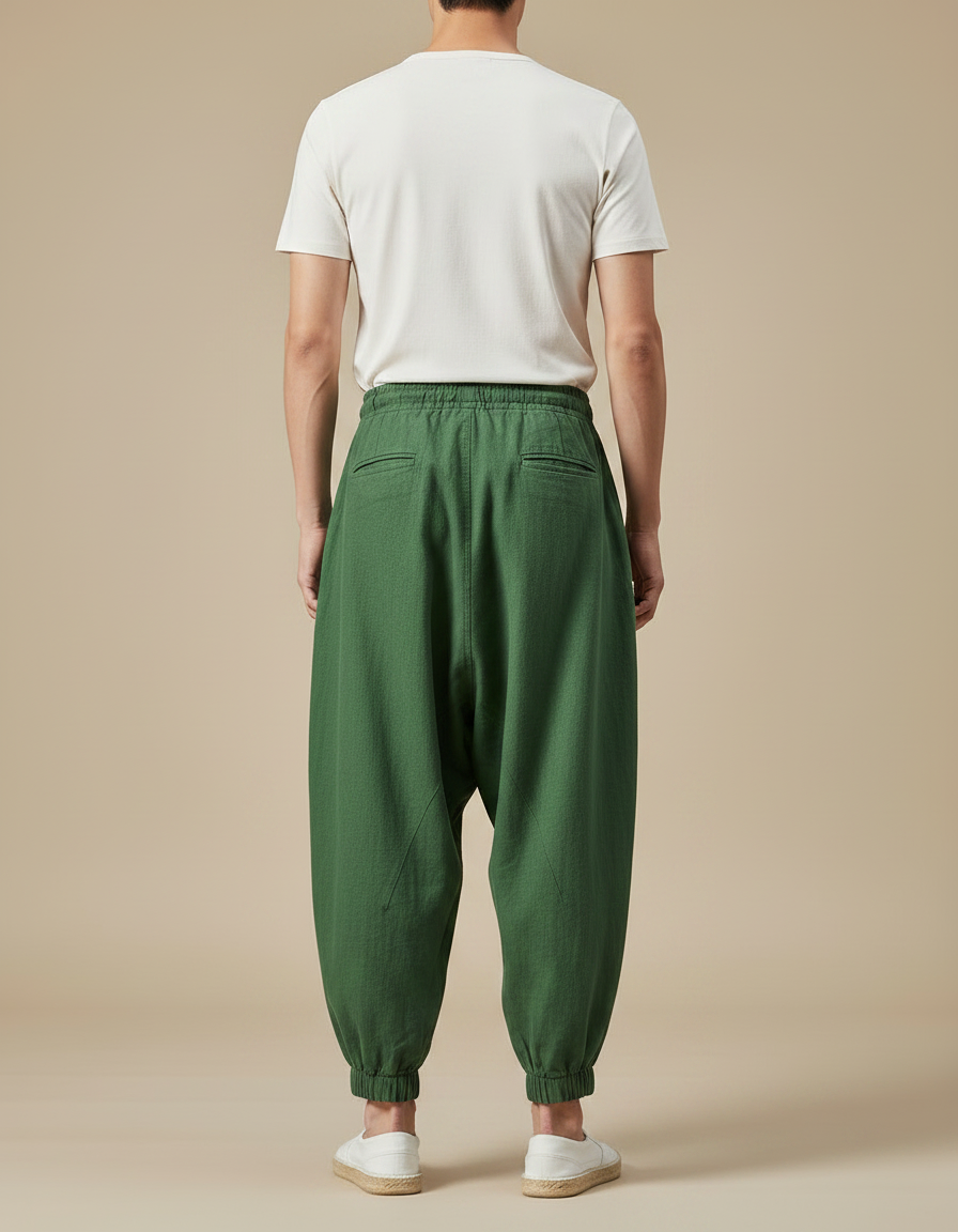 Pantalon À Pince Vert Ample Coton Décontracté Homme - vue 2