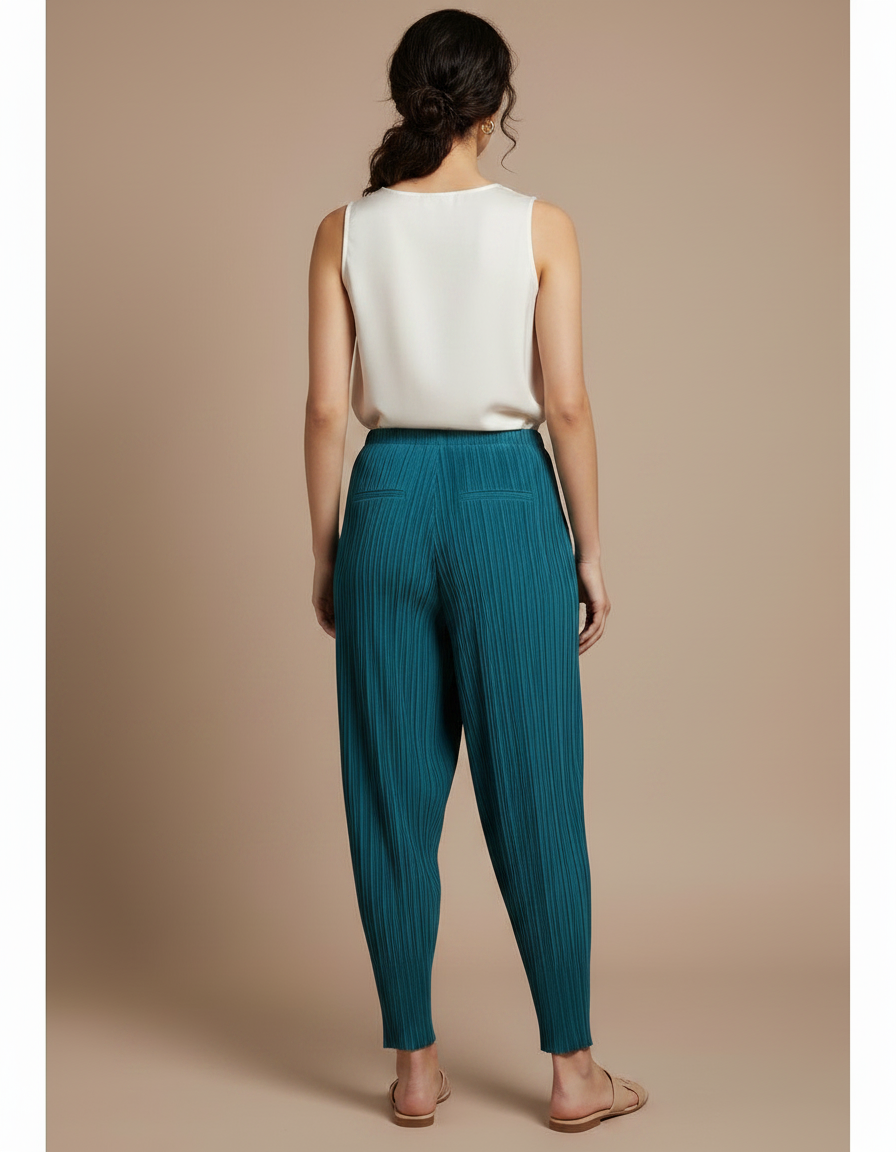 Pantalon À Pince Plissé Fluide Ample Vert Femme - Polyester - vue 2