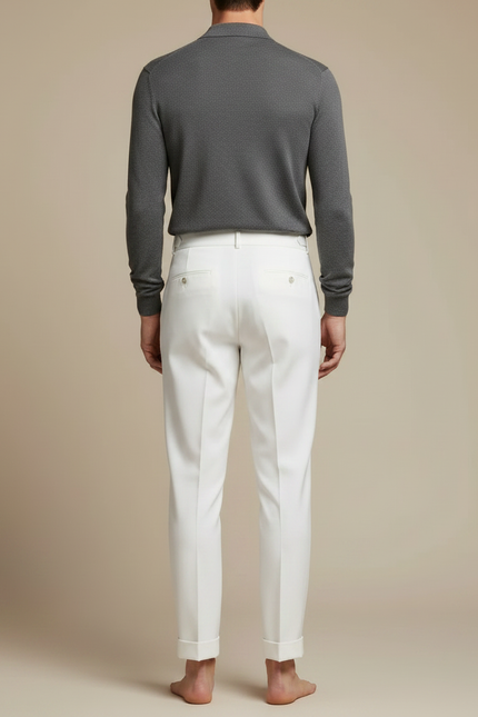 Pantalon À Pince Blanc Droit Taille Haute Élégant Homme - Gabardine - vue 2