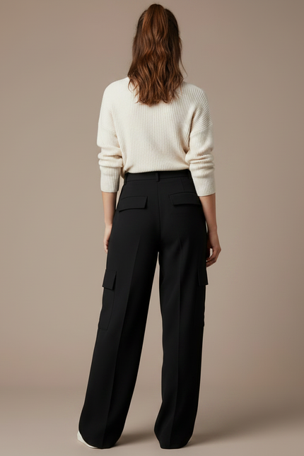 Pantalon À Pince Noir Ample Cargo Décontracté Femme - Polyester - vue 2