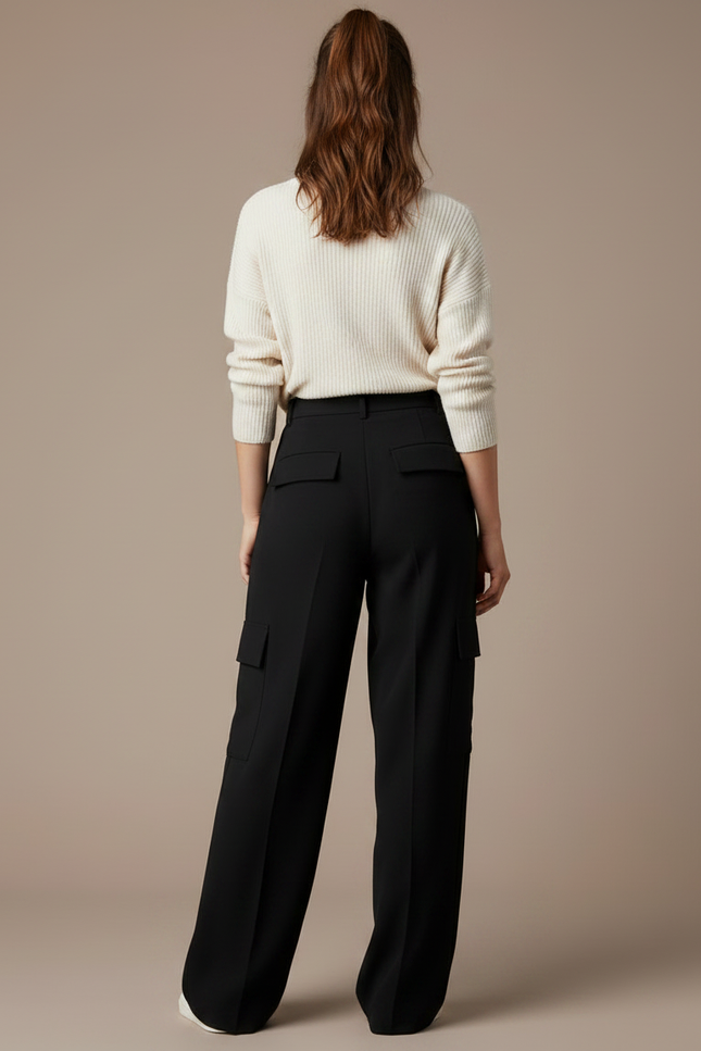 Pantalon À Pince Noir Ample Cargo Décontracté Femme - Polyester - vue 2