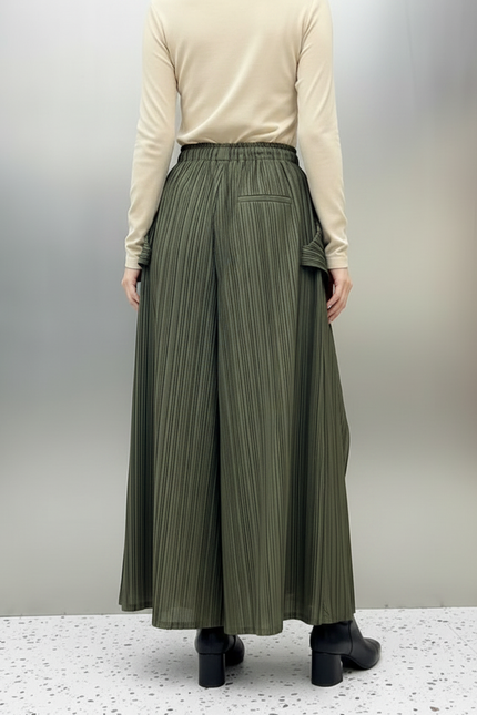 Pantalon À Pince Plissé Vert Kaki Irrégulier Fluide Femme - Polyester - vue 2