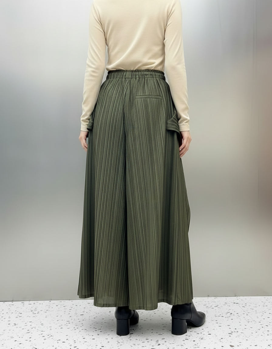 Pantalon À Pince Plissé Vert Kaki Irrégulier Fluide Femme - Polyester - vue 2