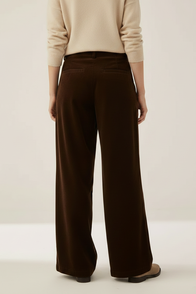 Pantalon À Pince Marron Côtelé Ample Taille Haute Femme - Cordé - vue 2