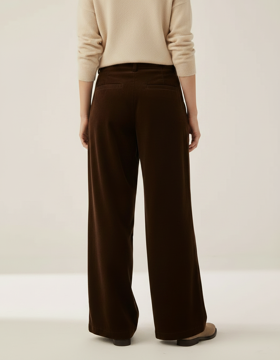 Pantalon À Pince Marron Côtelé Ample Taille Haute Femme - Cordé - vue 2