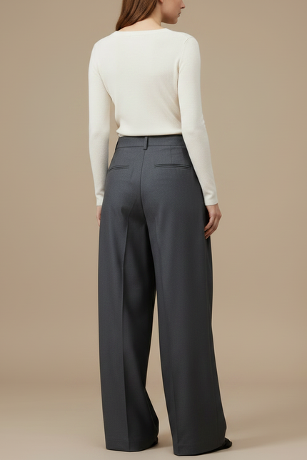 Pantalon À Pince Gris Ample Fluide Élégant Femme - Laine - vue 2