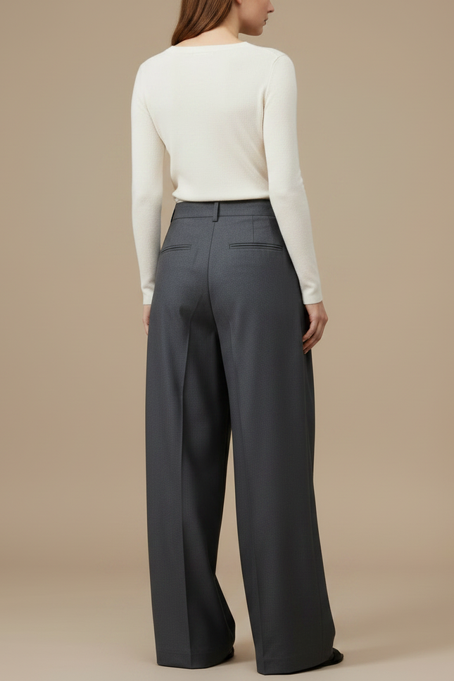 Pantalon À Pince Gris Ample Fluide Élégant Femme - Laine - vue 2