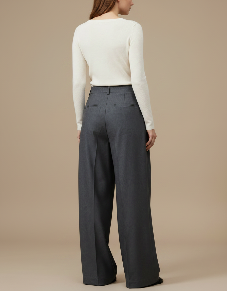 Pantalon À Pince Gris Ample Fluide Élégant Femme - Laine - vue 2