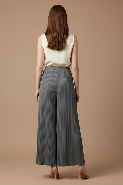 Pantalon À Pince Plissé Gris Ample Fluide Élégant Femme - Polyester - vue 2
