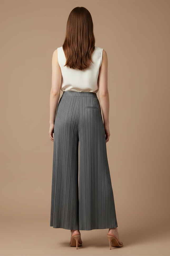 Pantalon À Pince Plissé Gris Ample Fluide Élégant Femme - Polyester - vue 2