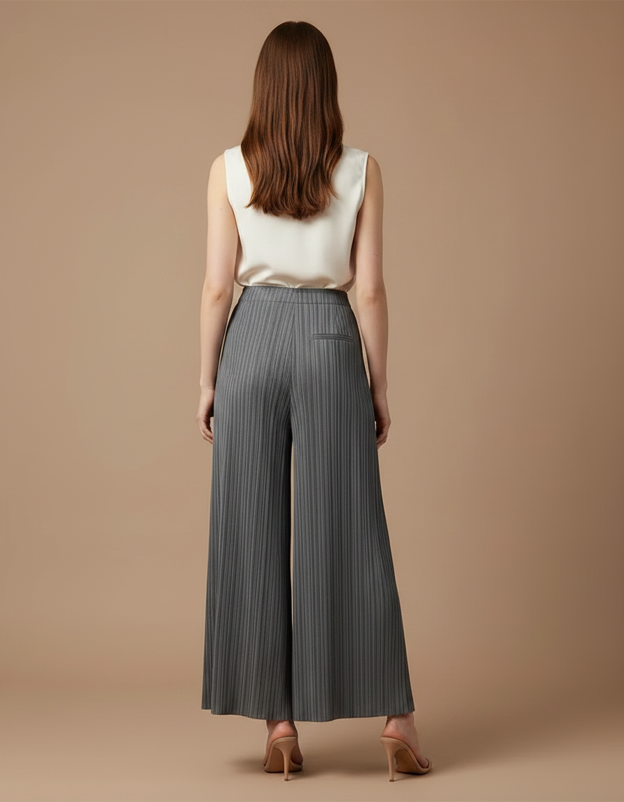 Pantalon À Pince Plissé Gris Ample Fluide Élégant Femme - Polyester - vue 2