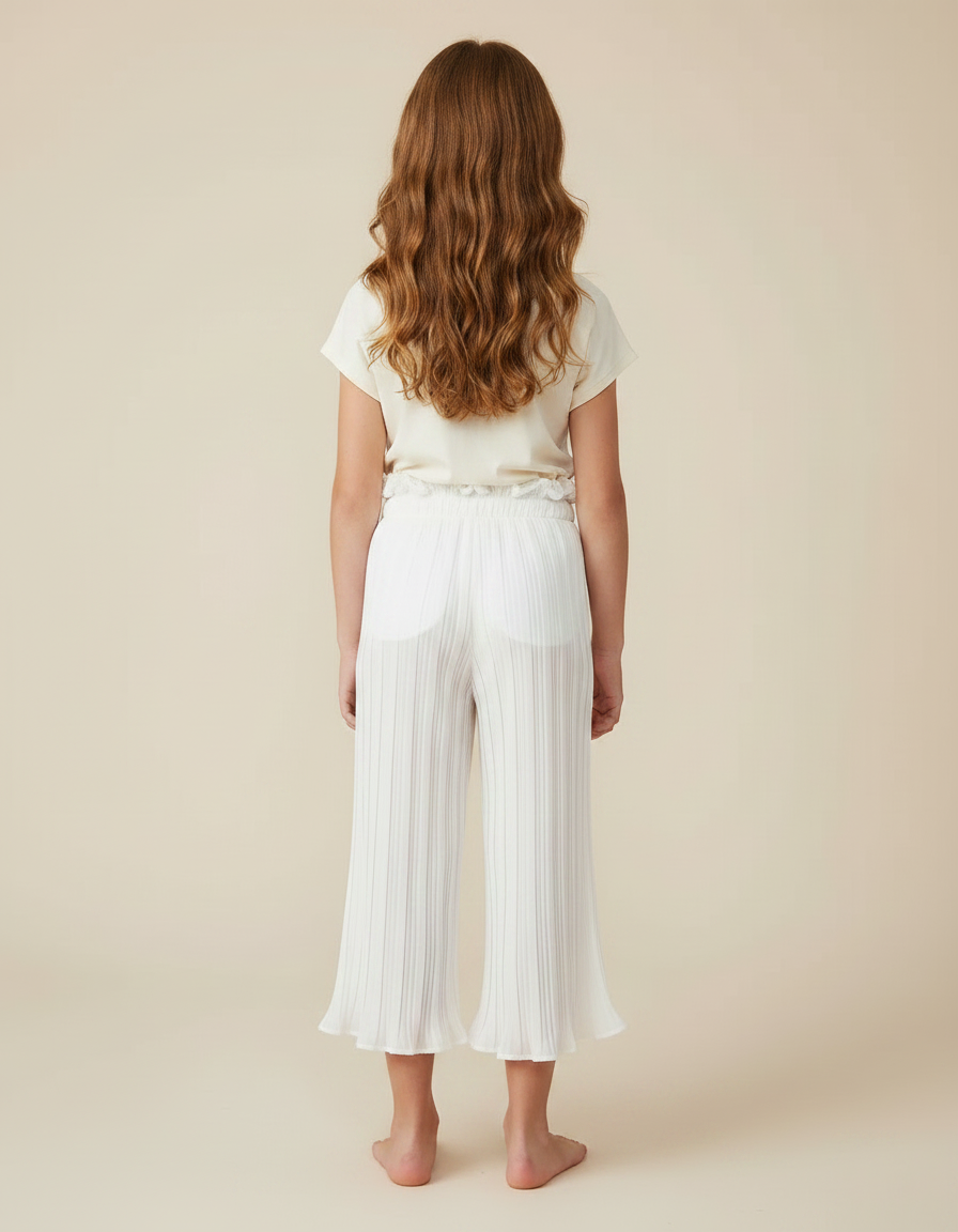 Pantalon À Pince Blanc Plissé Ample Fille Décontracté Fluide - Polyester - vue 2
