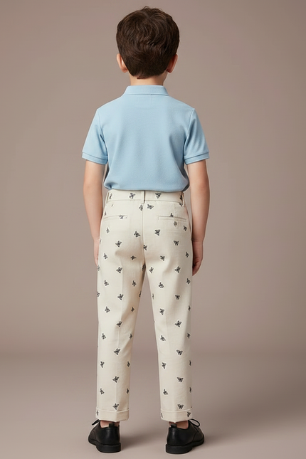 Pantalon À Pince Écru Brodé Papillons Garçon Élégant - Beige Toile - vue 2