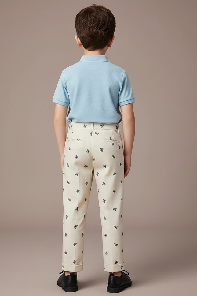 Pantalon À Pince Écru Brodé Papillons Garçon Élégant - Beige Toile - vue 2