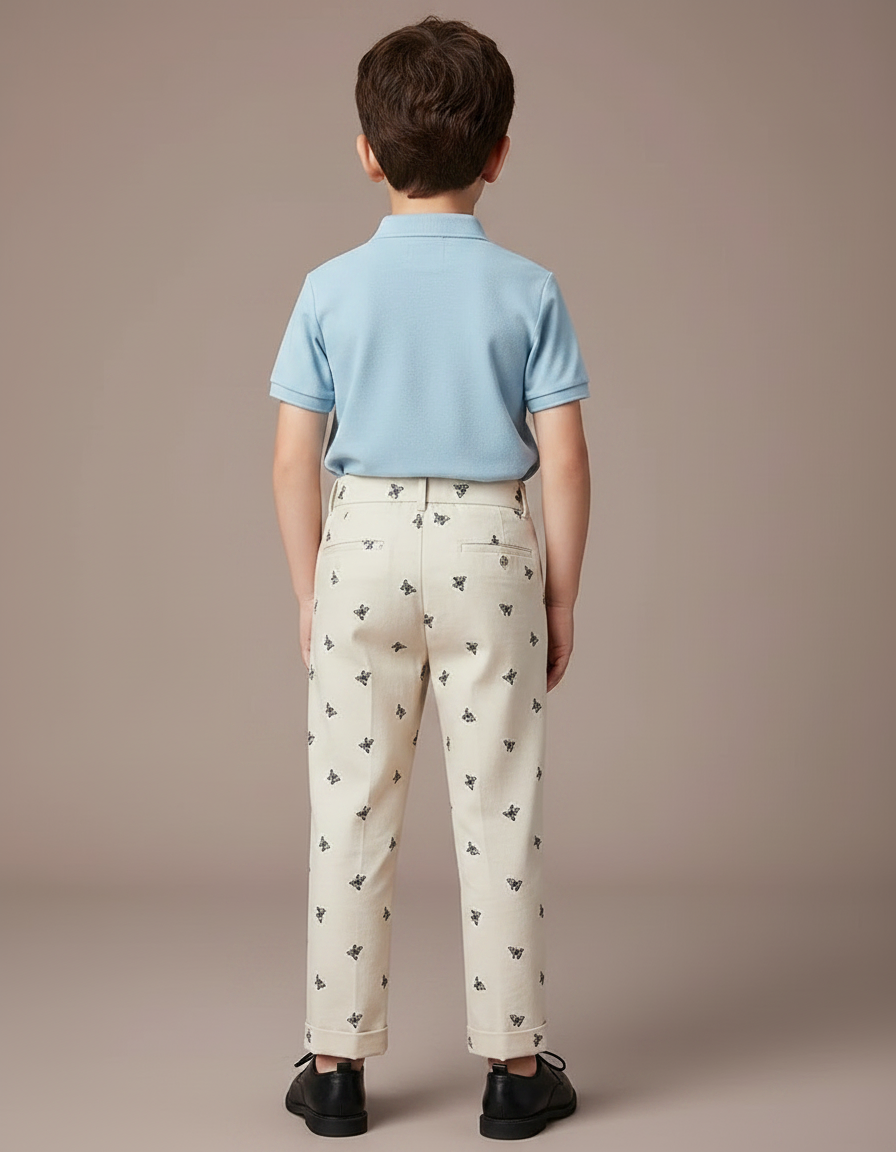 Pantalon À Pince Écru Brodé Papillons Garçon Élégant - Beige Toile - vue 2