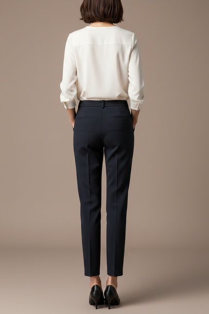 Pantalon À Pince Bleu Marine Droit Évasé Élégant Femme - Gabardine - vue 2