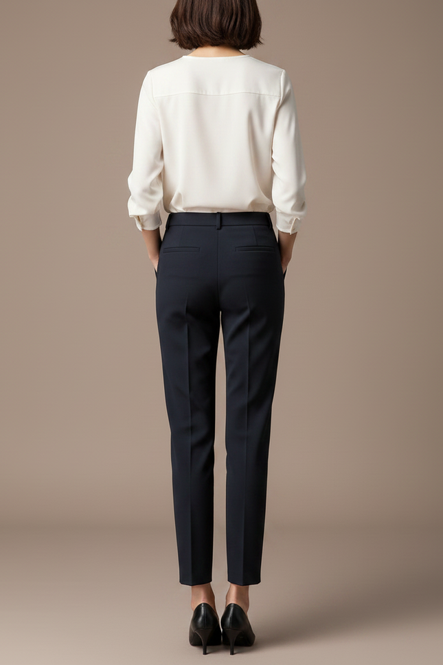 Pantalon À Pince Bleu Marine Droit Évasé Élégant Femme - Gabardine - vue 2