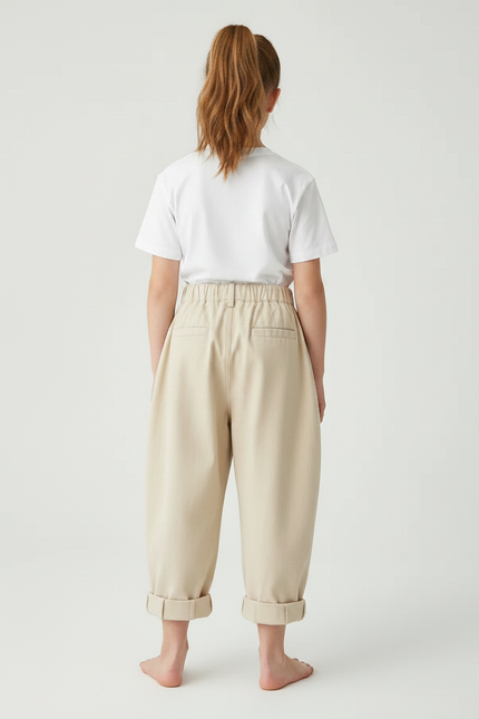 Pantalon À Pince Plissé Beige Ample Coton Enfant - vue 2