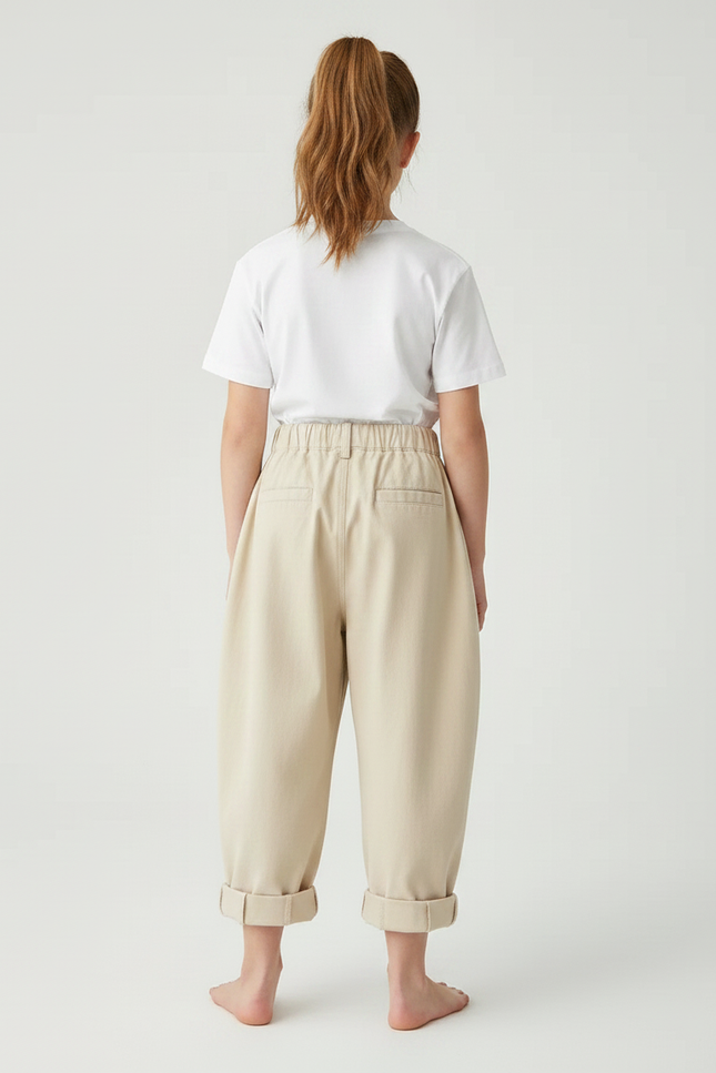 Pantalon À Pince Plissé Beige Ample Coton Enfant - vue 2