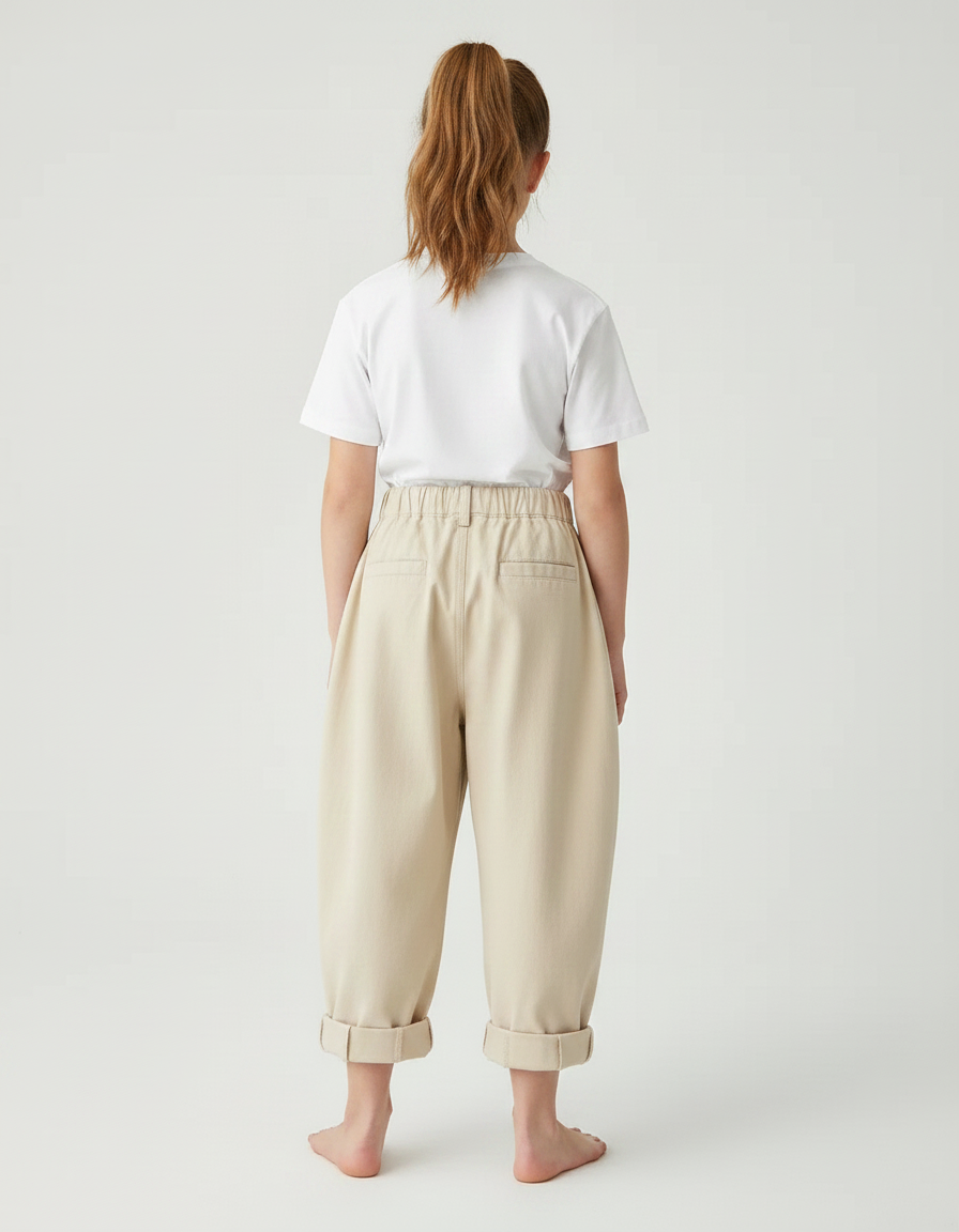 Pantalon À Pince Plissé Beige Ample Coton Enfant - vue 2