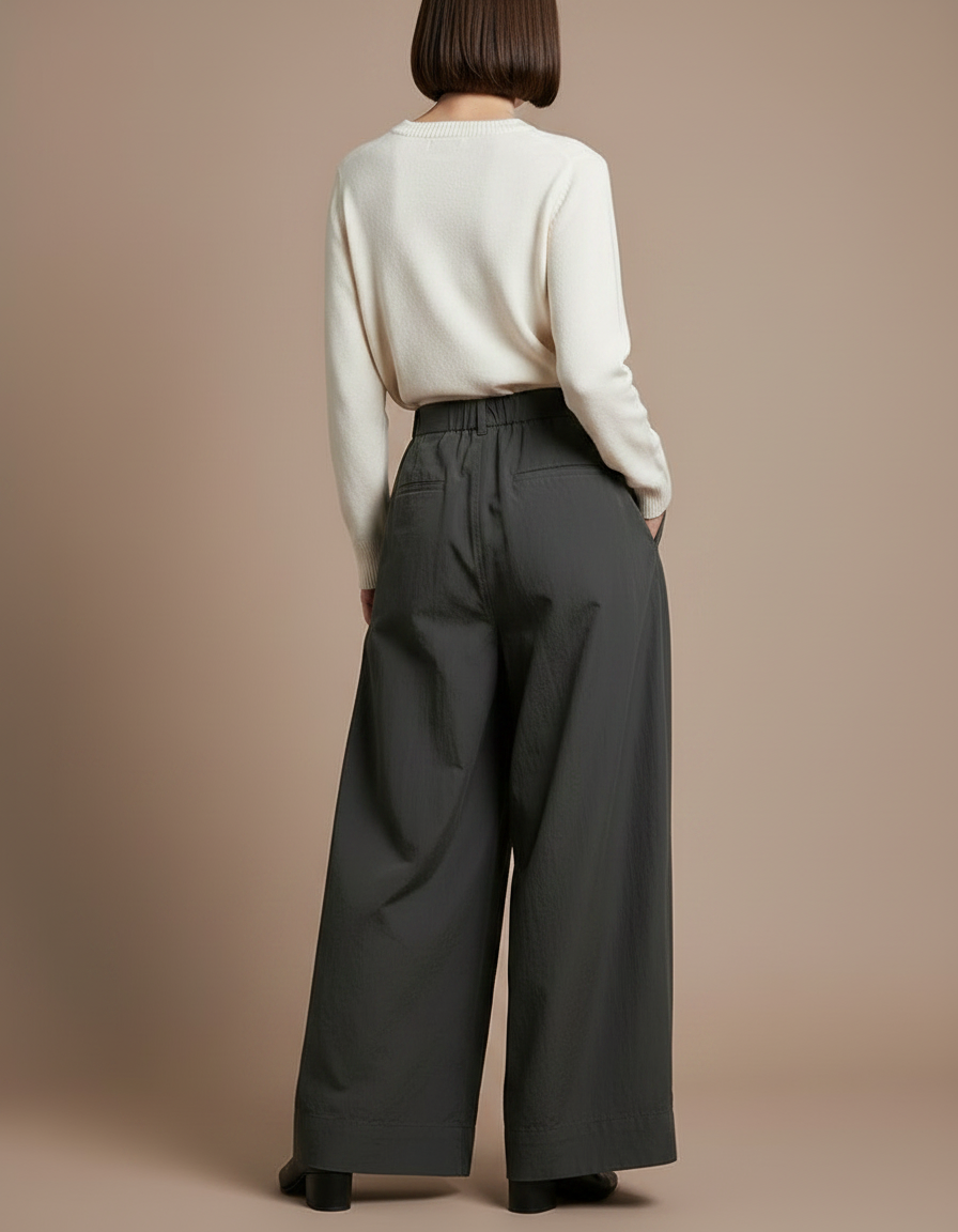Pantalon À Pince Gris Ample Fluide Décontracté Femme - Kaki Polyester - vue 2