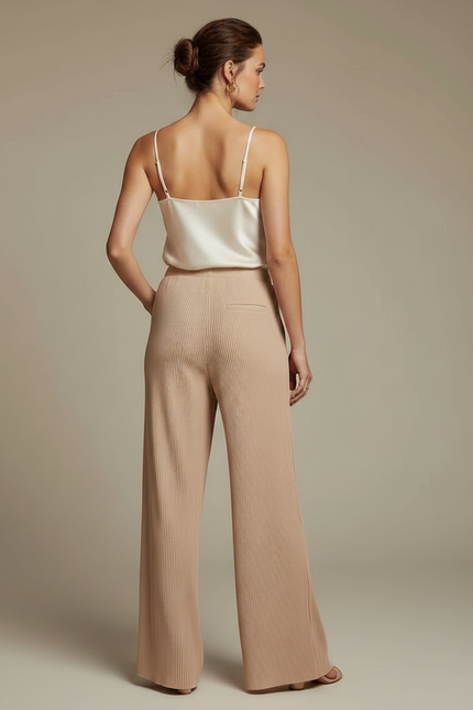 Pantalon À Pince Plissé Fluide Beige Ample Côtelé - Cordé - vue 2
