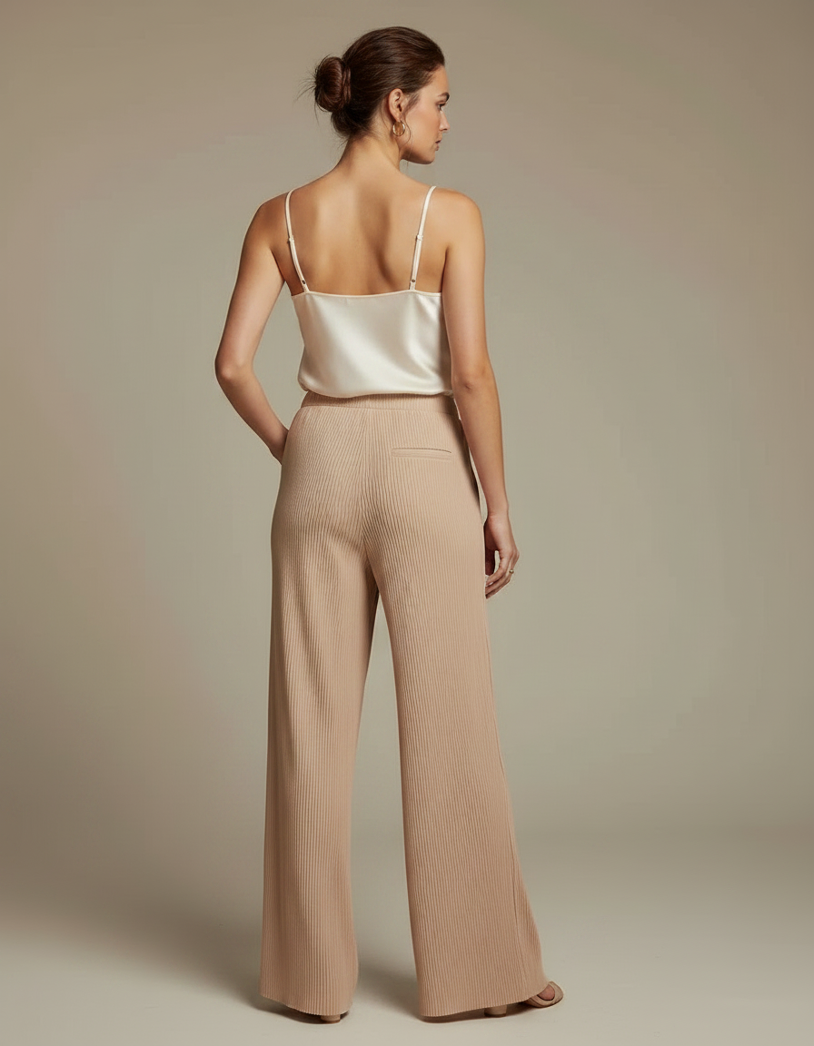 Pantalon À Pince Plissé Fluide Beige Ample Côtelé - Cordé - vue 2