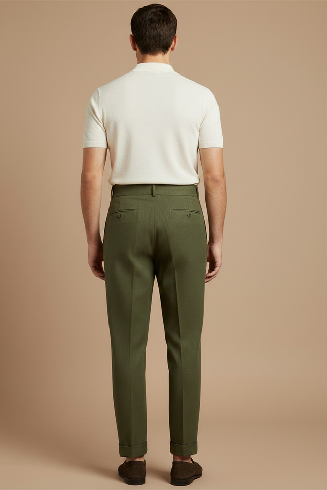 Pantalon À Pince Vert Olive Plissé Taille Haute Décontracté - Gabardine - vue 2