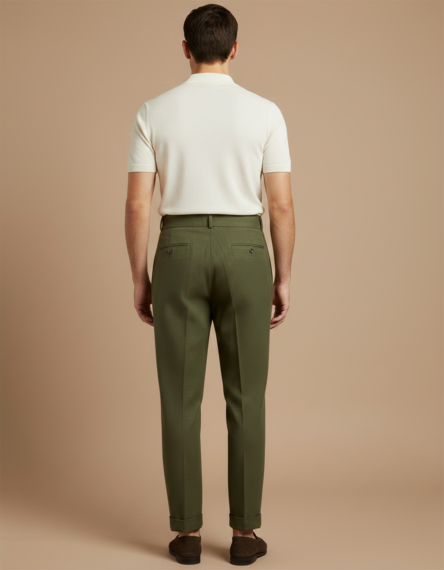 Pantalon À Pince Vert Olive Plissé Taille Haute Décontracté - Gabardine - vue 2