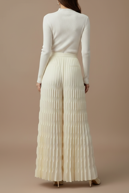 Pantalon À Pince Plissé Écru Ample Fluide Élégant - Beige Polyester - vue 2