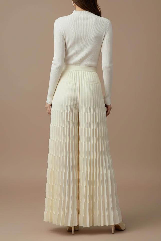 Pantalon À Pince Plissé Écru Ample Fluide Élégant - Beige Polyester - vue 2