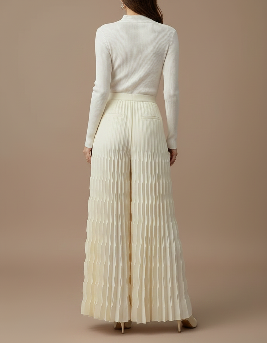 Pantalon À Pince Plissé Écru Ample Fluide Élégant - Beige Polyester - vue 2