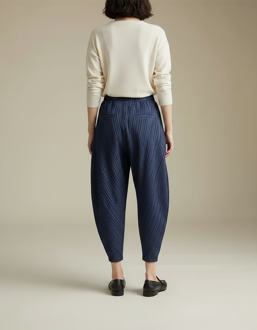 Pantalon À Pince Plissé Bleu Marine Ample Décontracté - Polyester - vue 2