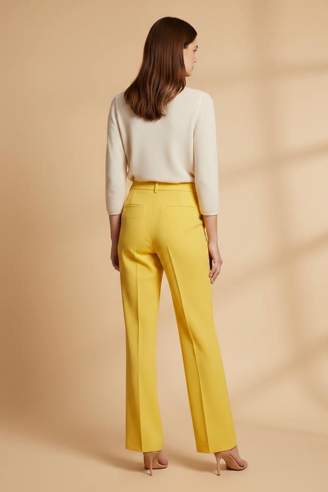 Pantalon À Pince Jaune Taille Haute Droit Élégant Femme - Gabardine - vue 2