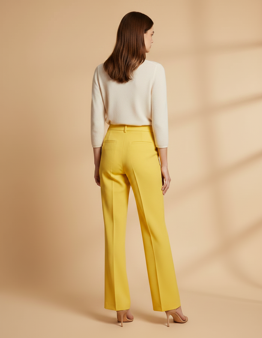 Pantalon À Pince Jaune Taille Haute Droit Élégant Femme - Gabardine - vue 2
