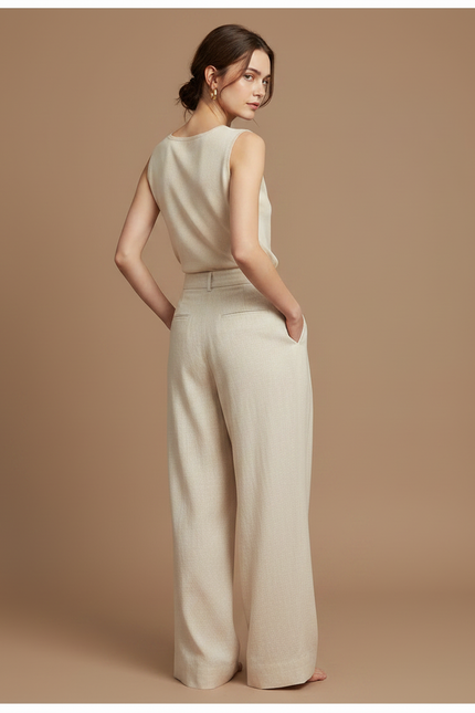 Pantalon À Pince Beige Lin Ample Plissé Décontracté Femme - vue 2