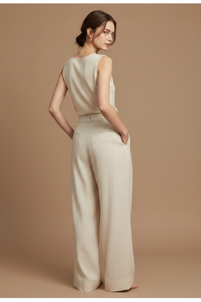 Pantalon À Pince Beige Lin Ample Plissé Décontracté Femme - vue 2