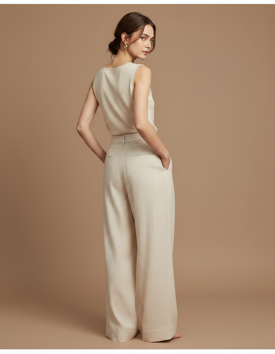 Pantalon À Pince Beige Lin Ample Plissé Décontracté Femme - vue 2
